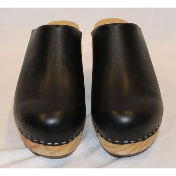 Nisolo Leather‎ Closed Toe Slip On Wooden All Day Mule Heeled Clogs BLACK - Picture 5 of 6